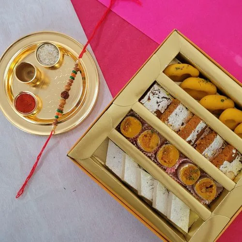 Glamorous Rudraksha Rakhi with Sweets  N  Golden Rakhi Thali Combo