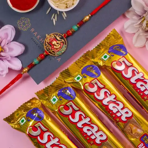 Premium Ganesha Rakhi N Five Star Chocolate Combo Premium Ganesha Rakhi N Five Star Chocolate Combo