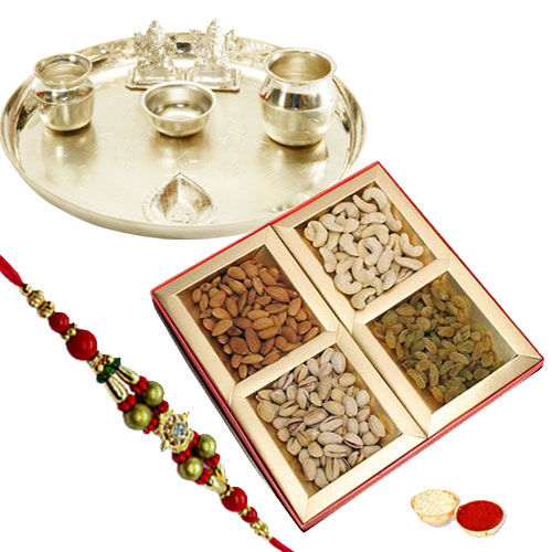 Fascinating Silver Plated Thali, Mixed Dry Fruits, Rakhi with Festive Look Fascinating Silver Plated Thali, Mixed Dry Fruits, Rakhi with Festive Look