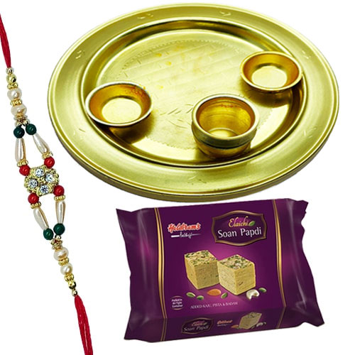 Soan Papri from <font color=#FF0000>Haldiram</font> with Silver Plated Thali and free Rakhi, Roli Tilak and Chawal Soan Papri from <font color=#FF0000>Haldiram</font> with Silver Plated Thali and free Rakhi, Roli Tilak and Chawal