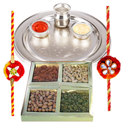 Pure Silver Thali with Dry Fruits along with Free Rakhi, Roli Tilak and Chawal Pure Silver Thali with Dry Fruits along with Free Rakhi, Roli Tilak and Chawal