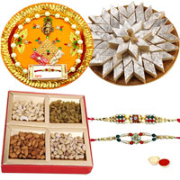 Exclusive Pooja thali with Kaju Katli, Dry Fruits and 2 free Rakhi, Roli Tika and Chawal Exclusive Pooja thali with Kaju Katli, Dry Fruits and 2 free Rakhi, Roli Tika and Chawal