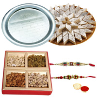 Smart-Looking Rakhi, Dry Fruits, Silver plated Thali and Kaju Katli for Sweet Memories Smart-Looking Rakhi, Dry Fruits, Silver plated Thali and Kaju Katli for Sweet Memories