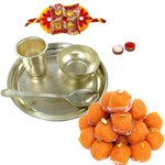 Silver Plated Thali Set with Rakhi and Ladoo and Roli Tilak Chawal Silver Plated Thali Set with Rakhi and Ladoo and Roli Tilak Chawal