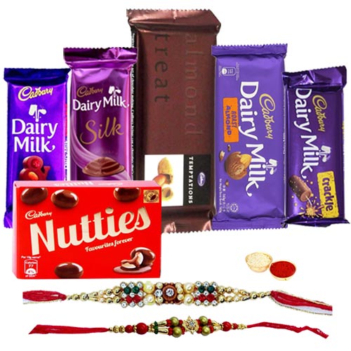 Cadbury Diary Milk Silk, Cadbury Diary Milk Roast Almonds, Cadbury Diary Milk Fruits & Nuts, Cadbury Diary Milk Crackle, Cadbury Temptation with Rakhi. Cadbury Diary Milk Silk, Cadbury Diary Milk Roast Almonds, Cadbury Diary Milk Fruits & Nuts, Cadbury Diary Milk Crackle, Cadbury Temptation with Rakhi.