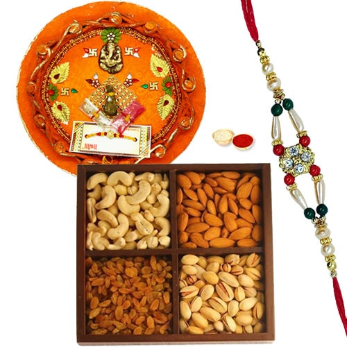 Auspicious Celebration Special Rakhi, Pooja Thali with Dry Fruits Auspicious Celebration Special Rakhi, Pooja Thali with Dry Fruits