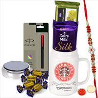 Present of Fancy Rakhi, Parker Pen, Cadbury Chocolates Assortments N Roli Teeka N Chawal Present of Fancy Rakhi, Parker Pen, Cadbury Chocolates Assortments N Roli Teeka N Chawal