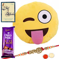 Smiley Cushion with Smiley Bro Rakhi and Cadbury Dairy Milk Silk Bar & a Rakhi Card with Roli Tilak and Chawal Smiley Cushion with Smiley Bro Rakhi and Cadbury Dairy Milk Silk Bar & a Rakhi Card with Roli Tilak and Chawal