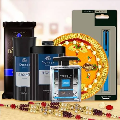 Grooming Accessories Gift Set with Pooja Thali, Rakhi, Chocolates N Parker Pen