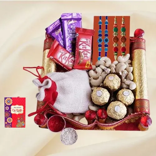 Elegant Bead n Rudraksha Rakhi with Assorted Chocolates n Cashews Elegant Bead n Rudraksha Rakhi with Assorted Chocolates n Cashews