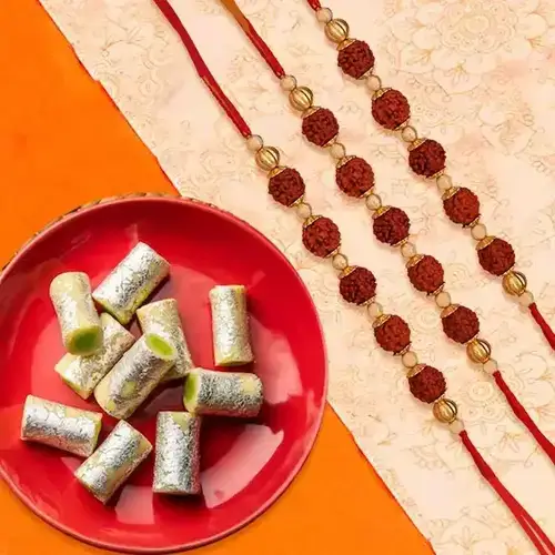 Awesome Rudraksha Rakhi N Kaju Roll Set