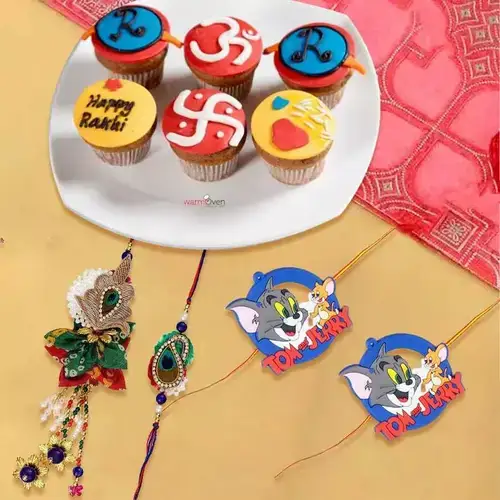 Fashionable Family Set Rakhi with Cup Cakes