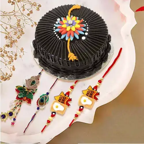 Graceful Family Rakhi Set with Chocolate Cake