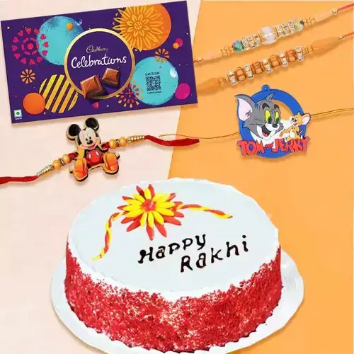 Fabulous Rakhi Set of 4 with Red Velvet Cake and Cadbury Celebration
