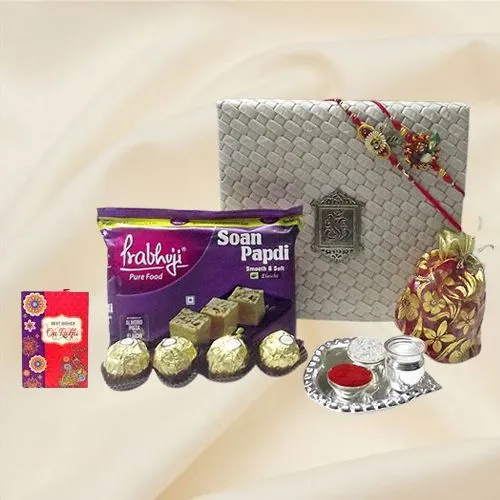 Classy Rakhi Pair with Paan shape Puja Thali, Almond, Sweets n Chocolates