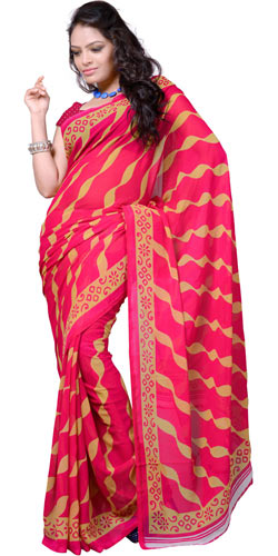 Enticing Red Coloured Georgette Saree with Striped Print Design Enticing Red Coloured Georgette Saree with Striped Print Design