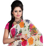 Eye-Catching Off White and Pink Coloured Saree with Floral Print Design Eye-Catching Off White and Pink Coloured Saree with Floral Print Design