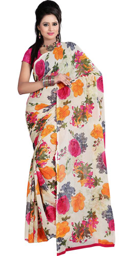 Eye-Catching Off White and Pink Coloured Saree with Floral Print Design Eye-Catching Off White and Pink Coloured Saree with Floral Print Design