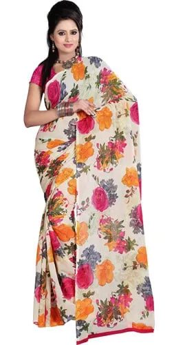 Eye-Catching Off White and Pink Coloured Saree with Floral Print Design