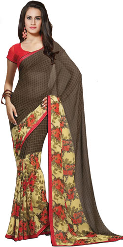 Extravagant Brown and Beige Faux Georgette Saree Extravagant Brown and Beige Faux Georgette Saree