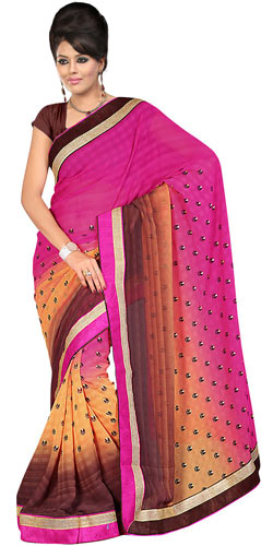 Ravishing Pink, Chrome and Brown Shaded Gorgettee Printted Saree Ravishing Pink, Chrome and Brown Shaded Gorgettee Printted Saree