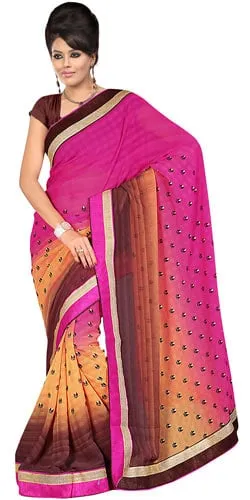 Ravishing Pink, Chrome and Brown Shaded Gorgettee Printted Saree