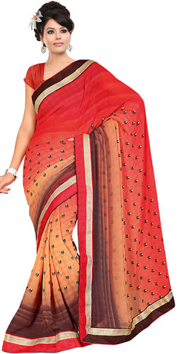 Glorious Fire Orange, Cream and Brown in Shades Georgette Printed Saree Glorious Fire Orange, Cream and Brown in Shades Georgette Printed Saree