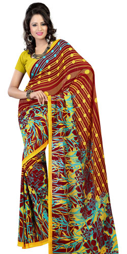 Enticing Brown and Mustard Colour Coordinated Faux Georgette Saree Enticing Brown and Mustard Colour Coordinated Faux Georgette Saree