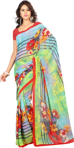 Sophisticated Georgette Printed Saree in Yellow and Sky Blue Colour Sophisticated Georgette Printed Saree in Yellow and Sky Blue Colour