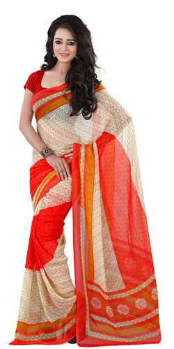 Sophisticated Beige and Red Coloured Georgette Printed Saree Sophisticated Beige and Red Coloured Georgette Printed Saree