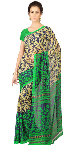 Classic Weightless Georgette Printed Saree Shaded in Black and Green Classic Weightless Georgette Printed Saree Shaded in Black and Green