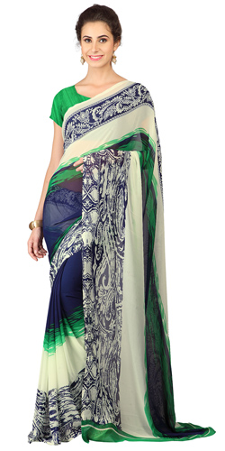 Impressionable Weightless Georgette Floral Printed Saree Green and Blue in Shade Impressionable Weightless Georgette Floral Printed Saree Green and Blue in Shade