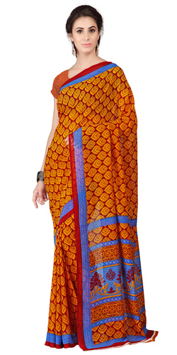 Gaudy Weightless Georgette Floral Printed Saree Shaded in Orange Gaudy Weightless Georgette Floral Printed Saree Shaded in Orange