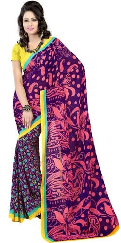 Flowery Peach Faux Georgette Saree