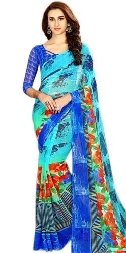Eye-Catching Blue Color Printed Chiffon Sari