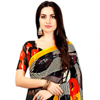 Fancy Party-wear Faux Chiffon Striped Sari in Black Color Fancy Party-wear Faux Chiffon Striped Sari in Black Color