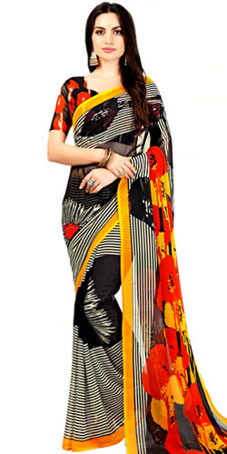 Fancy Party-wear Faux Chiffon Striped Sari in Black Color Fancy Party-wear Faux Chiffon Striped Sari in Black Color