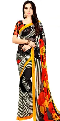 Fancy Party-wear Faux Chiffon Striped Sari in Black Color