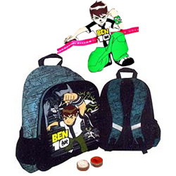 Ben 10 School Bag for Boys with Ben 10 Rakhi and Roli Tilak Chawal Ben 10 School Bag for Boys with Ben 10 Rakhi and Roli Tilak Chawal