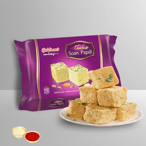Soan Papdi from Haldiram with free Roli Tilak and Chawal. Soan Papdi from Haldiram with free Roli Tilak and Chawal.
