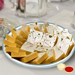 Toothsome Kaju Kesar Katli from Haldiram with free Roli Tilak and Chawal. Toothsome Kaju Kesar Katli from Haldiram with free Roli Tilak and Chawal.