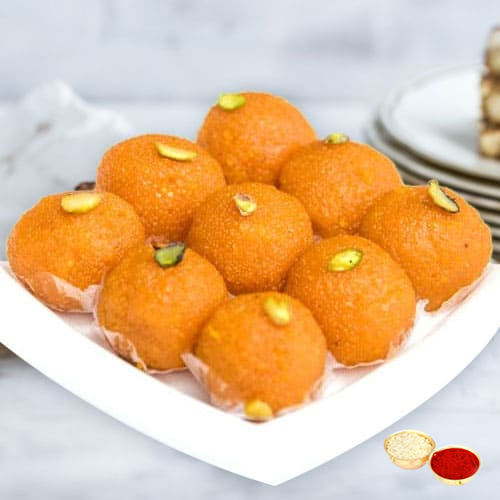 Motichur Ladoo from Haldiram with free Roli Tilak and Chawal. Motichur Ladoo from Haldiram with free Roli Tilak and Chawal.