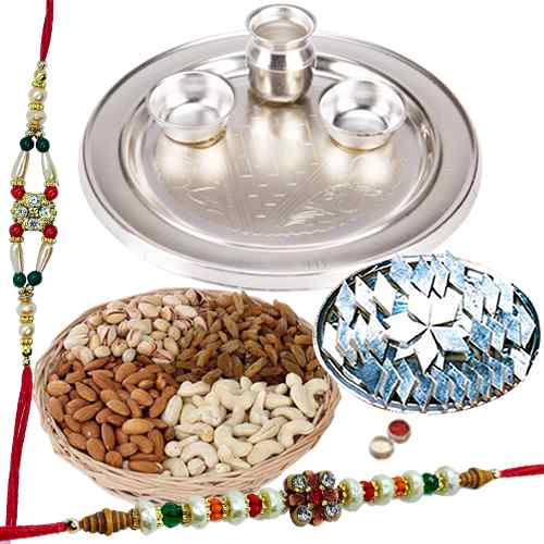 An amazing Silver plated Thali, <font color=#FF0000>Haldiram</font> Kaju Katli, Dry Fruits with free Rakhi, Roli Tilak and Chawal An amazing Silver plated Thali, <font color=#FF0000>Haldiram</font> Kaju Katli, Dry Fruits with free Rakhi, Roli Tilak and Chawal