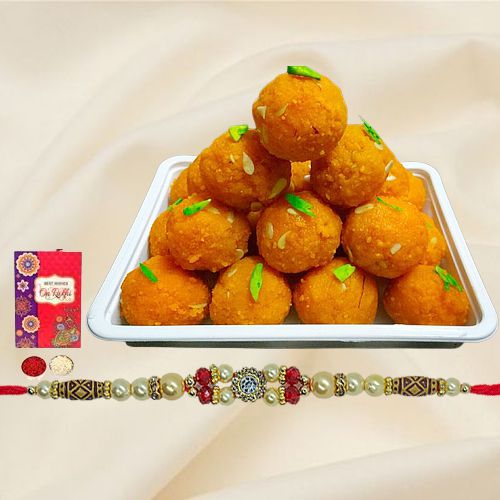 Motichur Ladoo with Free 1 Rakhi and Roli Tilak Chawal Motichur Ladoo with Free 1 Rakhi and Roli Tilak Chawal