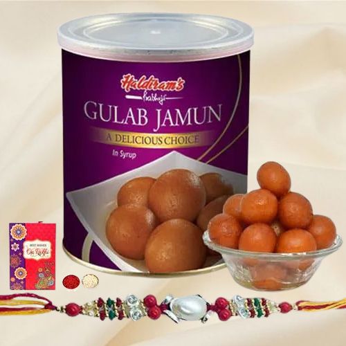 Lip-smacking Fresh Haldiram Gulab Jamuns with 2 Rakhis and Roli Tilak Chawal Lip-smacking Fresh Haldiram Gulab Jamuns with 2 Rakhis and Roli Tilak Chawal