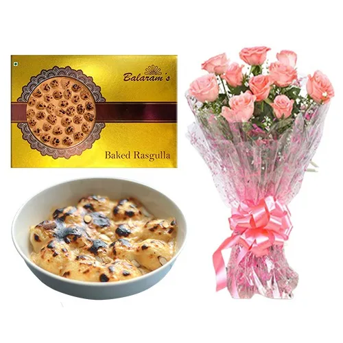 Amazing Baked Rasgulla from Balaram Mullick with Pink Rose Bouquet
