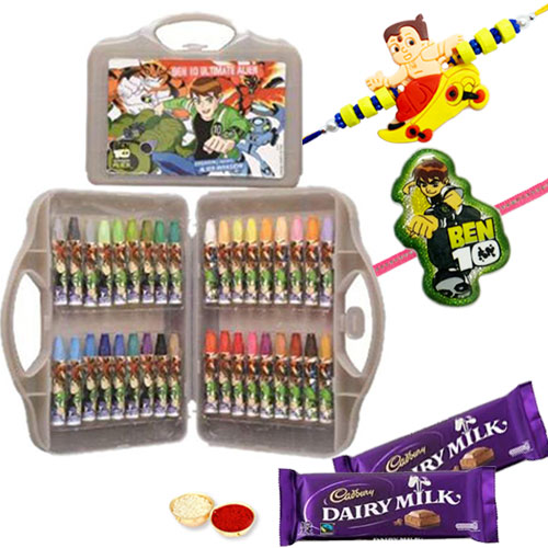 36 Pcs Coloring Set from Ben 10 with Rakhi and Roli Tilak Chawal 36 Pcs Coloring Set from Ben 10 with Rakhi and Roli Tilak Chawal