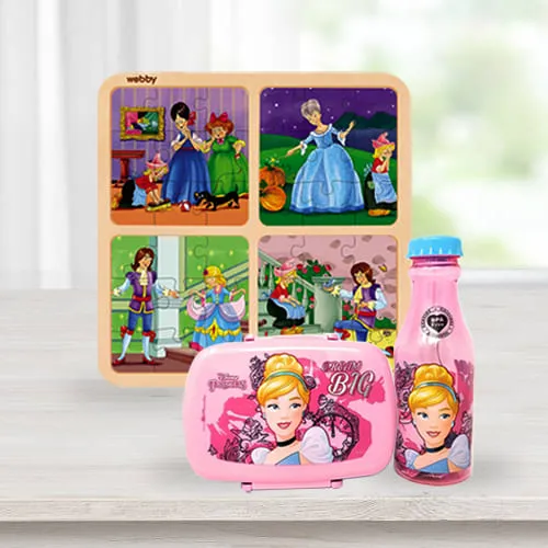 Wonderful Disney Cinderella Lunch Box n Water Bottle with Wooden Puzzle Combo