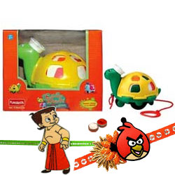 Twirly Whirly Turtle from Funskool with 2 Kids Rakhi and Roli Tilak Chawal Twirly Whirly Turtle from Funskool with 2 Kids Rakhi and Roli Tilak Chawal