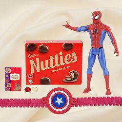Wonderful Selection of Marvel Avengers Captain America Action Figurine for Little Ones and Kids Rakhi, Cadbury Nutties with Free Roli Tilak and Chawal Wonderful Selection of Marvel Avengers Captain America Action Figurine for Little Ones and Kids Rakhi, Cadbury Nutties with Free Roli Tilak and Chawal